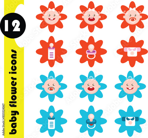 Baby and Flower Icons Set Vector Frame for Kids and Nursery Design