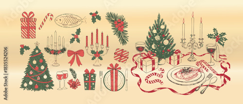 Collection of traditional winter holiday objects and dining elements in a hand drawn style