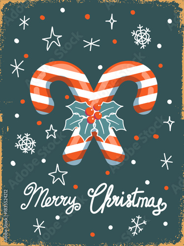 Cowboy Christmas Card vintage illustration with Rodeo horseshoe candy stripe. Country Christmas illustration with cute candy striped horseshoe and holly berries on vintage textured background 