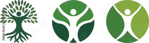 Set of three green logos featuring human figures and nature elements
