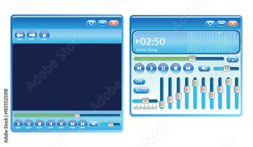 Interface buttons and sliders set of UI icons. 2000s music player interface equalizer with gradients. Retro user interface elements 2000s style. 2000s retro user interface elements. 