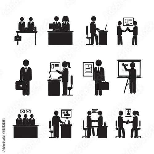 Business meeting handshake presentation and office work icons vector