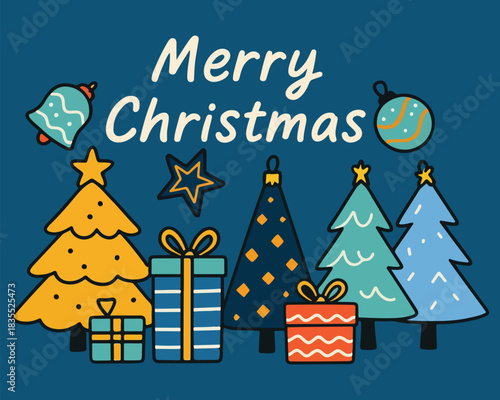 A merry Christmas greeting card design with a decorated tree, snow, and holiday celebration illustration