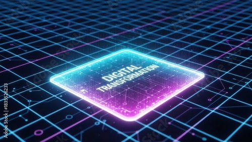 Digital transformation on futuristic glowing grid network background