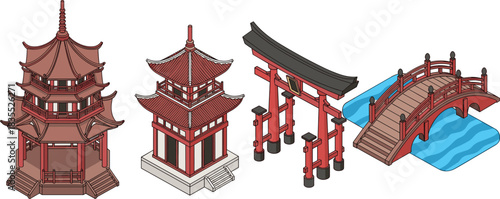 Asian architecture vector set, traditional pagodas, Japanese torii gate, arched wooden bridge, cultural heritage buildings, oriental landmark illustrations for design
