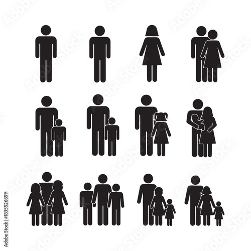 Black silhouette icons of diverse family units and individuals people 2