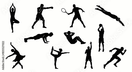 Dynamic Sports and Fitness Activities Icon Set Silhouettes Showcasing Various Exercises Athletic Poses on a Clean White Background