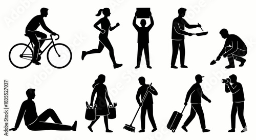 Everyday Life Occupations and Leisure Activities Icon Silhouettes Showcasing People Engaging in Various Tasks on a White Background