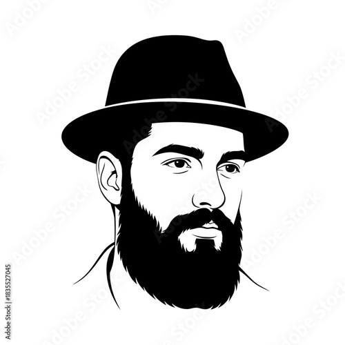 Stylish monochrome portrait of a bearded man wearing a hat in minimalist style