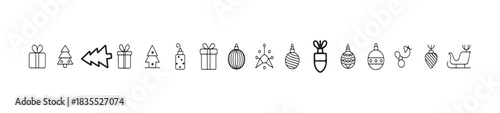Collection of winter season elements featuring gift boxes, various trees, and decorative hanging ornaments