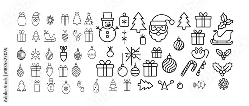 Set of winter season decorative elements including present boxes, santa claus, snowflake, trees, and ornaments