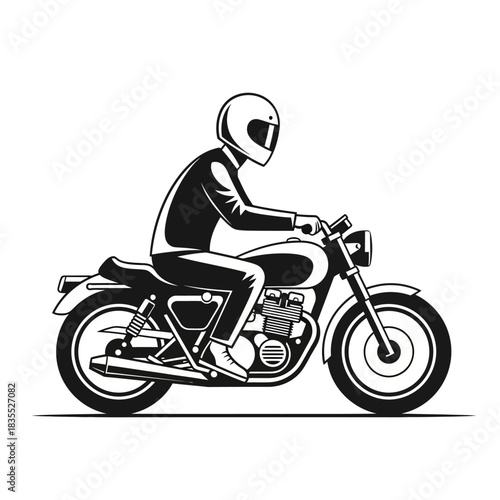 Monochrome depiction of a motorcyclist riding a classic motorcycle design showing speed