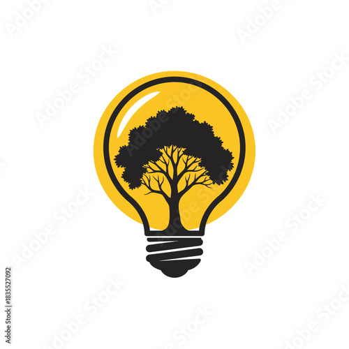 Innovative eco concept featuring a tree silhouette enclosed within a glowing light bulb shape