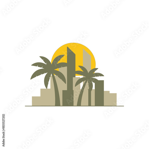 Abstract city skyline with palm trees and sun providing tropical urban elegance