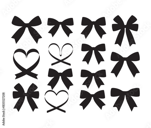 Diverse set of black bow silhouettes for gifts. includes traditional and heart shaped ribbons on a white background