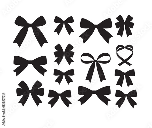 Assortment of black bow silhouettes for gifts. various ribbon shapes on a clean white background. decorative icons