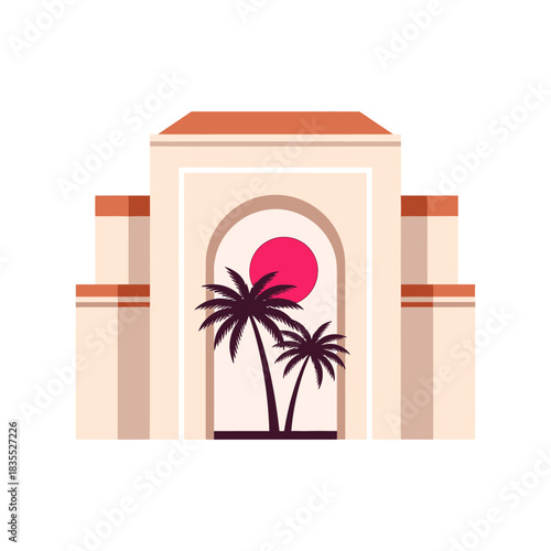 Minimalist building silhouette with palm trees and sun evoking tropical holiday vibes