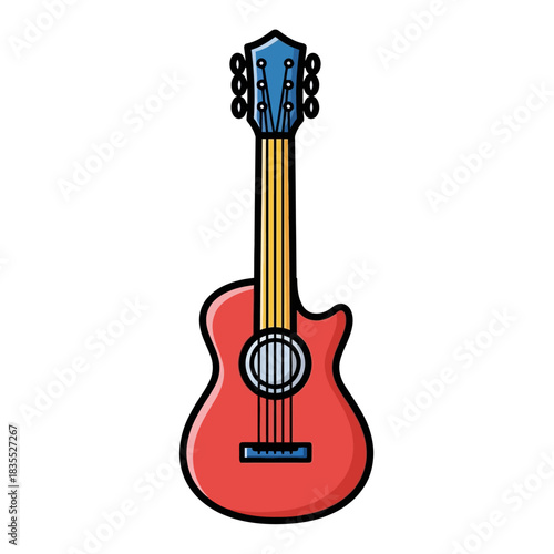 Illustration of a Vibrant Red Acoustic Guitar with Blue Headstock and Precise Outline Design
