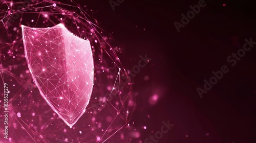 Cybersecurity shield protecting digital networks with vibrant pink glowing connections and polygonal mesh in virtual space, a modern concept