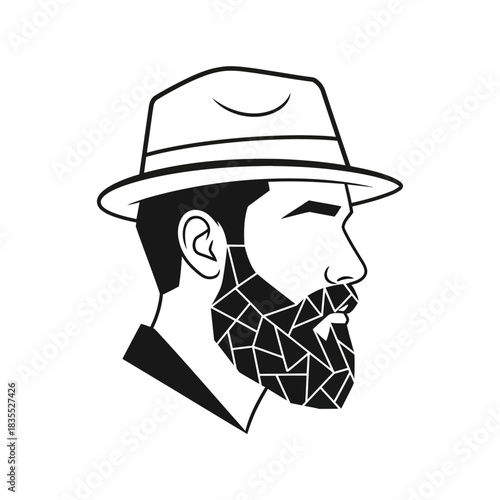 Stylized portrait of a bearded man wearing a hat in monochrome geometric design depiction