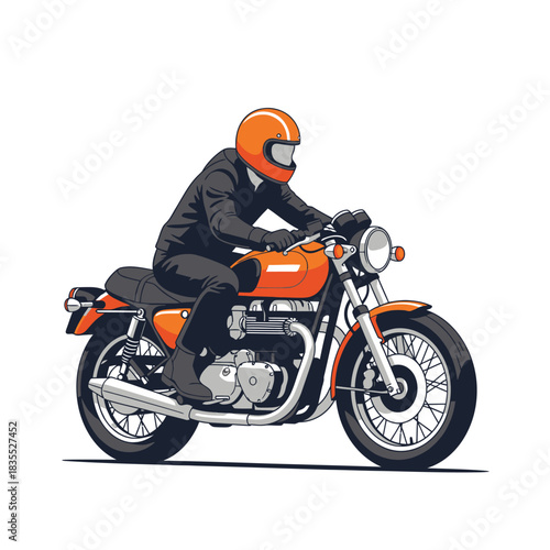 Stylized vector illustration of a motorcyclist on an orange classic bike cruising