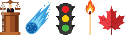 Judge podium icon, meteor falling illustration, traffic light signal graphic, burning match flame, red maple leaf symbol, vector concept elements