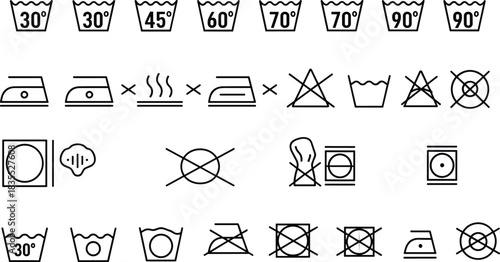 Laundry care symbols, washing instruction icons, fabric care guidelines, ironing and drying signs, garment label symbols, vector cleaning instructions set