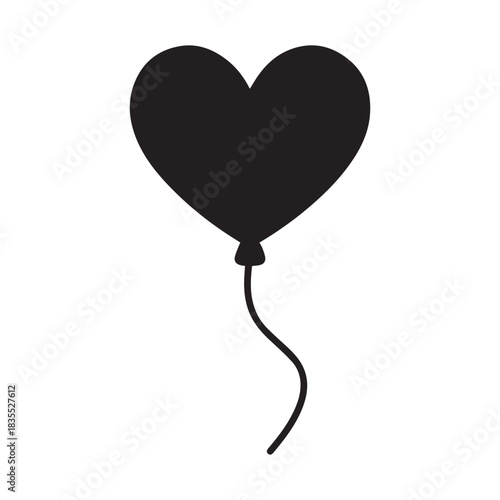 Simple black heart-shaped balloon floats on a white background, symbolizing love and joy.