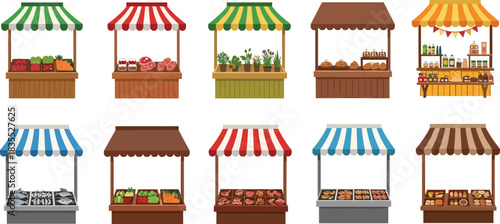 Market stall vector set, farmers market stands, fruit and vegetable kiosks, meat and bakery booths, outdoor marketplace illustration, food vendor graphics