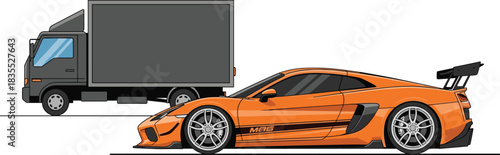 Orange sports car vector, delivery truck illustration, transportation vehicle set, high-performance race car graphic, commercial cargo truck design, automotive collection
