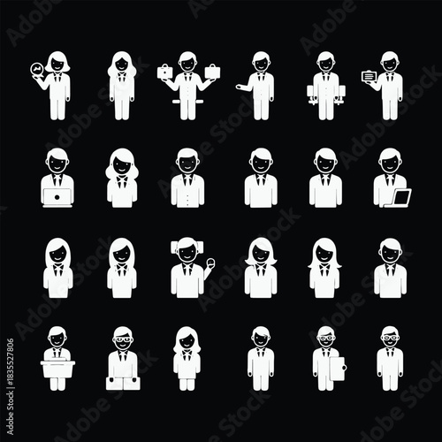 Collection of white business people icons on black background vector white icons