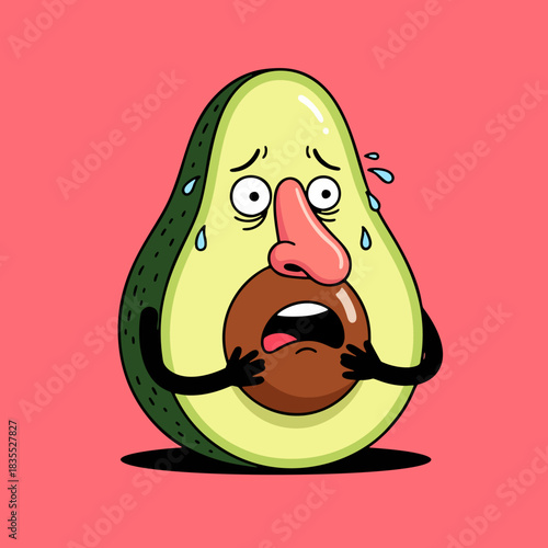 Scared Avocado Character Face with Large Seed Vector Illustration