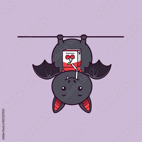 Cute Bat Hanging Upside Down Drinking Juice Box Vector Illustration