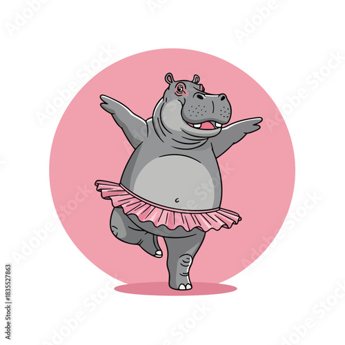 Cute Hippo Ballerina Dancing in Pink Tutu Vector Illustration