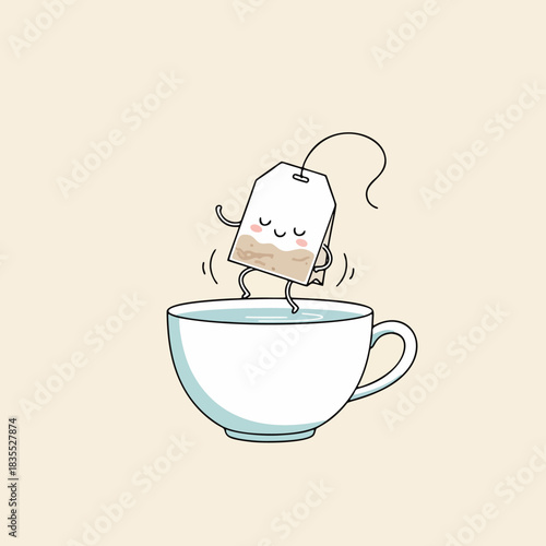 Cute Tea Bag Relaxing in Hot Water Cup Vector Illustration