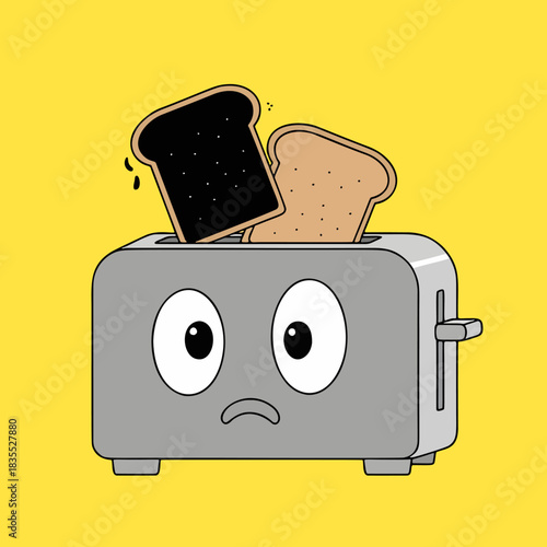 Sad Toaster Appliance with Burnt Black Toast Vector Illustration