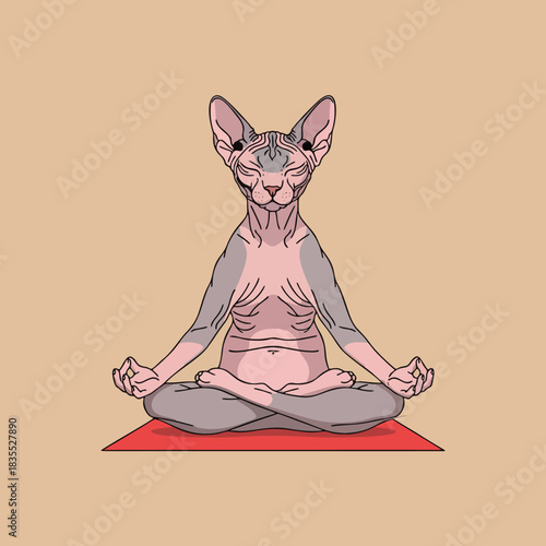 Meditating Hairless Sphynx Cat in Lotus Pose Vector Illustration