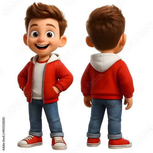 Boy with Brown Hair and Wearing Red Hoodie and Jeans and Red Sneakers