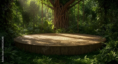 Enchanted forest clearing with a circular wooden stage bathed in ethereal sunlight surrounded by lush greenery and ancient trees
