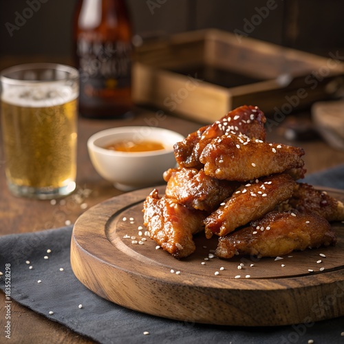 Glossy honey-glazed chicken wings stacked on a rustic wooden plate, sticky shine, sesame seeds scattered, smoky warm lighting, ultra-realistic texture, 8K food photography