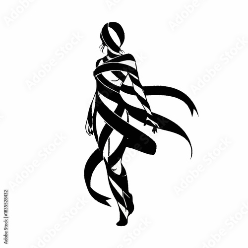 Abstract silhouette of a woman wrapped in flowing black ribbons.
