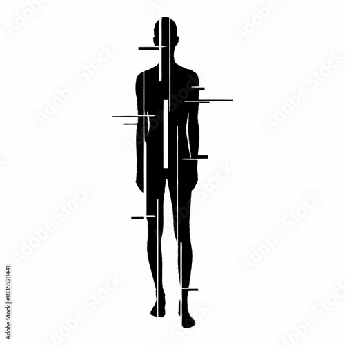 Abstract black silhouette of a human figure with a digital glitch effect.