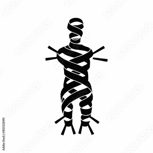 Abstract human figure wrapped in black ribbon with sticks.