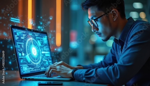 Asian man wearing glasses types on laptop. Futuristic interface shows data graph, network, and chart. Programmer works on software development, digital analysis, and virtual intelligence.