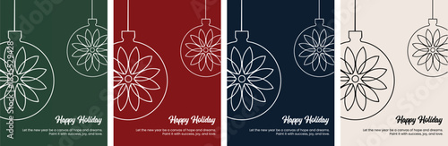 Minimalist holiday ornaments on dark green background, simple decorative elements with floral designs, winter celebration graphic for season greetings and new year wishes