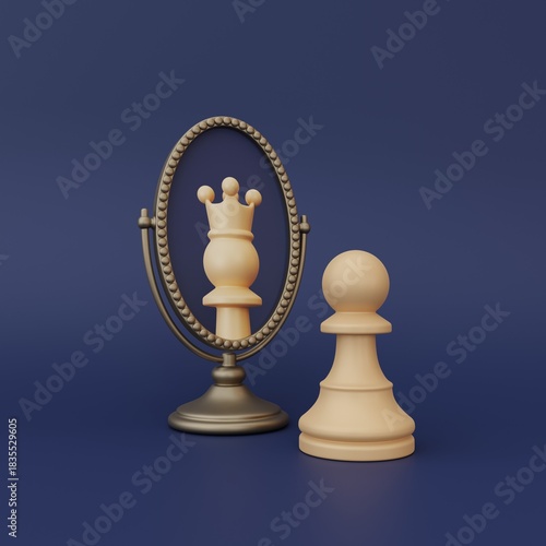 A 3D chess pawn in front of a mirror, looking at the reflection of a chess queen. Conceptual representations of motivation, personal growth, ambition, self-confidence, and the pursuit of high goals.

