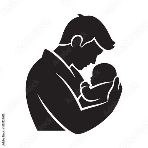 Father holding newborn baby in silhouette vector graphic