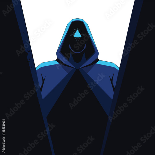 A mysterious figure in a hooded cloak with a glowing eye symbol stands in a doorway, creating an enigmatic and intriguing visual.