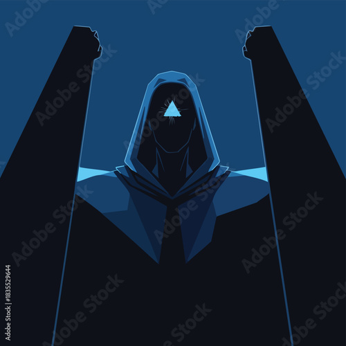 A mysterious figure with a triangular symbol on its head, raising arms in a dark, stylized illustration with a blue gradient background.
