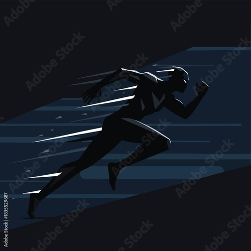 A stylized illustration depicts a silhouetted figure in dynamic motion, running or sprinting upwards on an incline, conveying speed and determination.